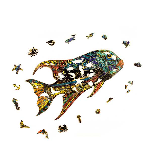 Puzzle bois : Le poisson bavard. Boîte en carton